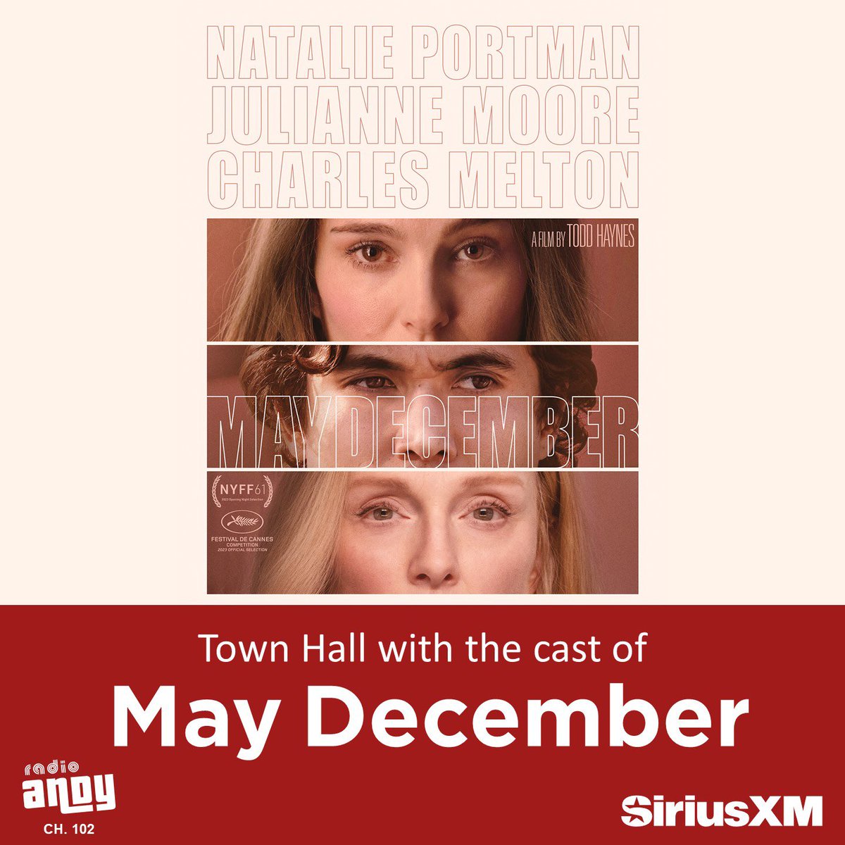 Want to attend a Radio Andy Town Hall event with the cast of <a href="/MayDecemberFilm/">May December Film</a> on 1/9 at the @SiriusXM LA Studios? Head over to our Instagram @radioandyinsta for more info on your chance to attend!