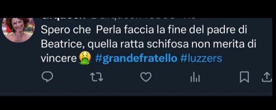 La cosa che mi fa ridere è che anche qui sui social si parla tanto di rispetto e empatia, ma poi i primi a essere VERGOGNOSI sono proprio i fan di Beatrice 🤢

#GrandeFratello #anibaldi #perletti #Fillers #vittorico #beabaldi #paoleti #perlizia