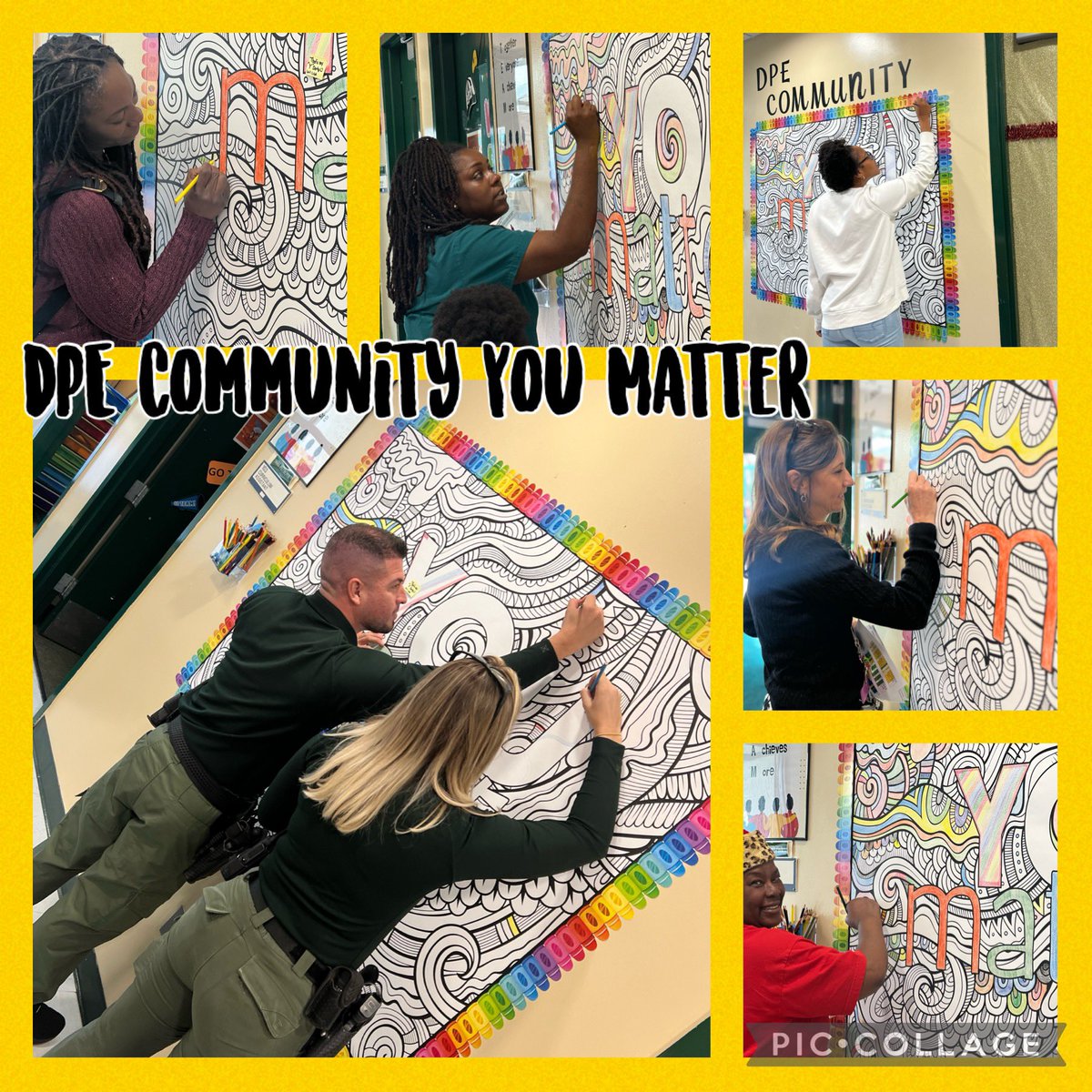 Letting parents and the community know they matter. They add their artistic skills to our large coloring page. Thank you DPE community. @PrincipalDarby1 @MPerezDir