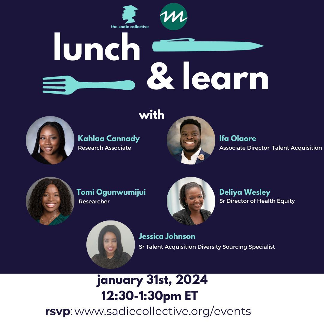 SadieCollective's tweet image. Start 2024 off right and join our Lunch and Learn on Jan 31 from 12:30-1:30pm ET. During the conversation, panelists will share with the audience their career trajectory, their work at Mathematica, and provide information about their full-time and internship opportunities.