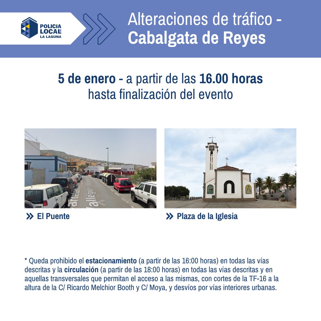 policialalaguna's tweet photo. 🚧 Mañana, 5 de enero, se verán afectadas algunas vías de Valle de Guerra debido a las diferentes actividades que se celebrarán con motivo la Cabalgata de los Reyes Magos.

(🧵) https://t.co/p9KOOCSBe7