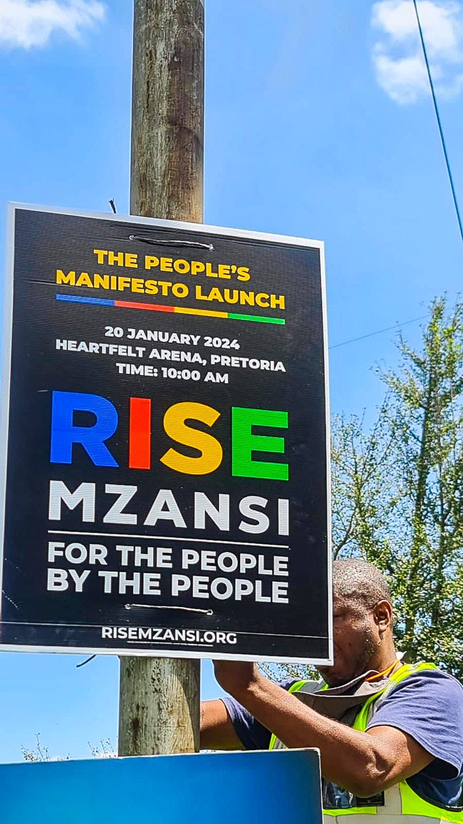 Rise_Mzansi's tweet photo. All roads lead to the #RISEPeoplesManifesto launch on January 20th. 

#RISE Mzansi Chief Organiser Makashule Gana assisted with today's Manifesto launch poster flighting in Johannesburg. 

Details on the Manifesto launch coming soon. 

#2024IsOur1994
#ForThePeopleByThePeople https://t.co/IcYyAuESBX