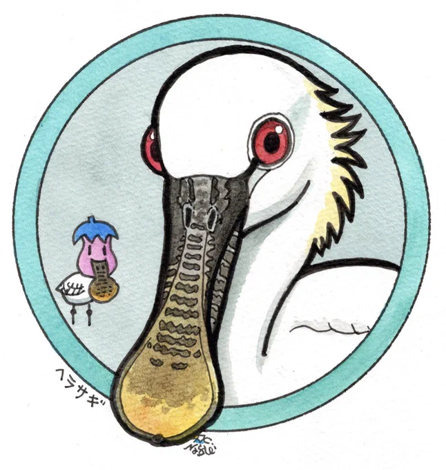 「缶バッジの鳥たち」リクエストにお応えしてヘラサギを描きました。