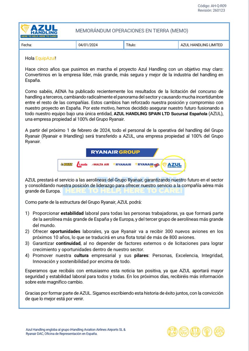 #EquipAzul no hay mejor forma de empezar el #2024!! Muy buenas noticias…Feliz Año Nuevo a todos!! 💙💙💙

#theazulway #heretohelpheretocare #fivepillars #OneVision #OneMission <a href="/ryanair/">Ryanair</a> #RyanairGroup
