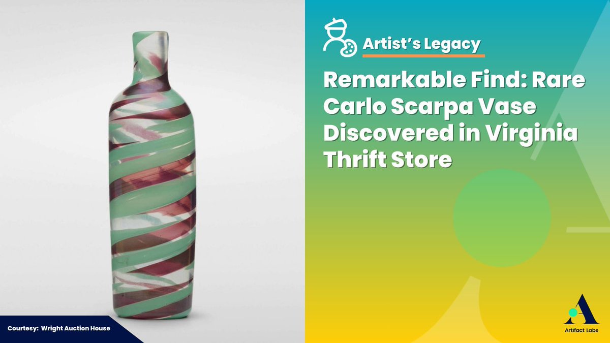 ArtifactLabs_'s tweet image. Thrift store surprise! A Carlo Scarpa glass vase, discovered on a high shelf in a Goodwill store, sells for over $100,000 at auction. The rare "Pennellate" vase, dating back to 1947, fetched well above its estimated value. 
#CarloScarpa #AuctionFind