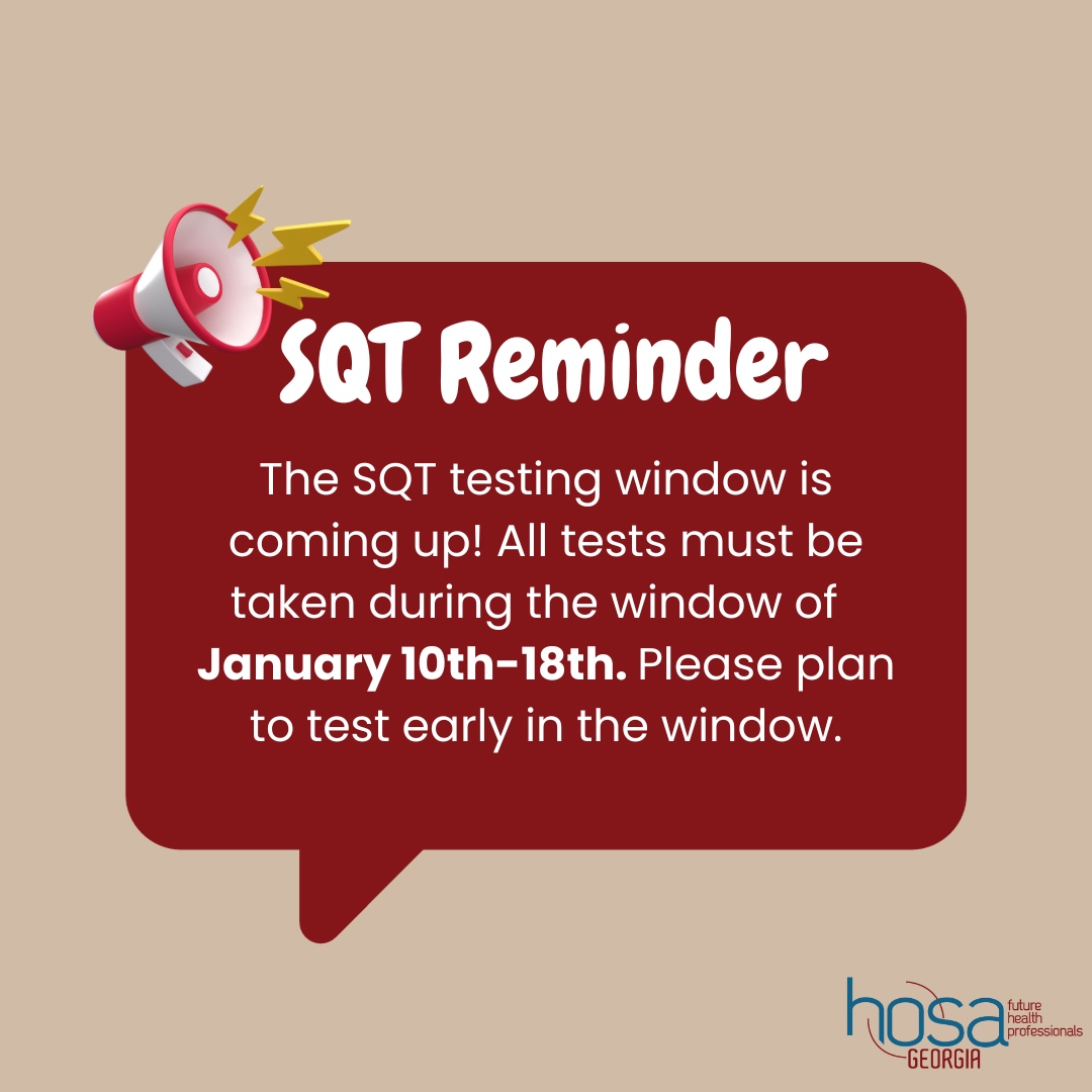 GeorgiaHOSA's tweet photo. It's almost time!! Our SQT window will be from January 10th-18th. All testing must occur during this week to be eligible for consideration. Good luck with testing everyone! #georgiahosa #sqt #competitiveevents https://t.co/5jBPXu0jlK
