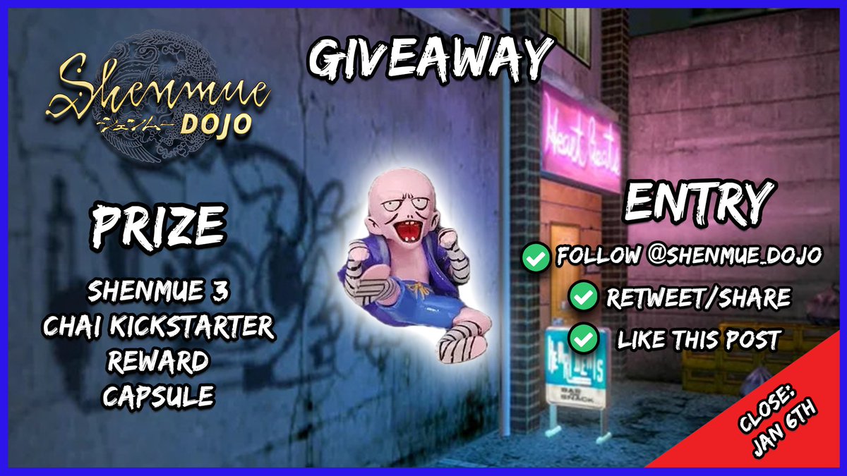 Shenmue_Dojo's tweet photo. COMPETITION!

We have a Chai #Shenmue 3 Kickstarter Backed Reward Capsule to giveaway!

To Enter:
✅ Follow the Dojo
✅ Retweet/share
✅ Like

Entries close Jan 6th. Winner announced by Jan 9th

Open WORLDWIDE! 🌏

#LetsGetShenmue4 https://t.co/Wr4GfU6QJw