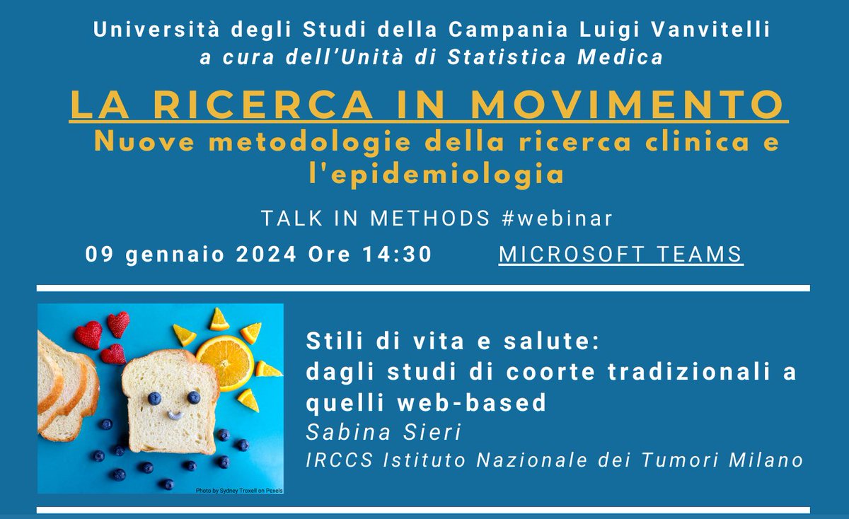 vittoriosimeon's tweet photo. #Stili di vita e #salute: dagli studi di #coorte tradizionali a quelli web-based

Seconda relazione al #webinar, a cura di Sabina Sieri (@IstTumori)

Partecipa! 09 Gennaio 2024 ore 14.30.
https://t.co/z6dlTeXmAj

info #Master
https://t.co/GalEgV5mlU

@paolochiodini https://t.co/GXRrHkuqEE