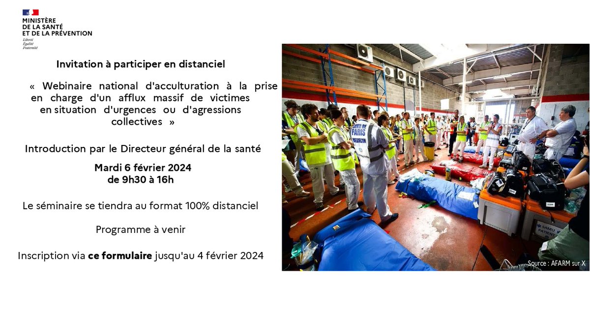 📆 Le 06/02, assitez au Webinaire national d'acculturation à la prise en charge d'un afflux massif de victimes en situation d'urgences ou d'agressions collectives

✍️ Inscription jusqu'au 04/02 ➡️ forms.office.com/pages/response…

<a href="/Sante_Gouv/">Ministère de la Santé</a> <a href="/SFARJeunes/">SFAR Jeunes</a> <a href="/AJARFrance/">AJAR France 🇫🇷</a> <a href="/SNPHARE/">SNPHARE</a> <a href="/SNJeunesAR/">Syndicat National des Jeunes Anesth-Réa</a>