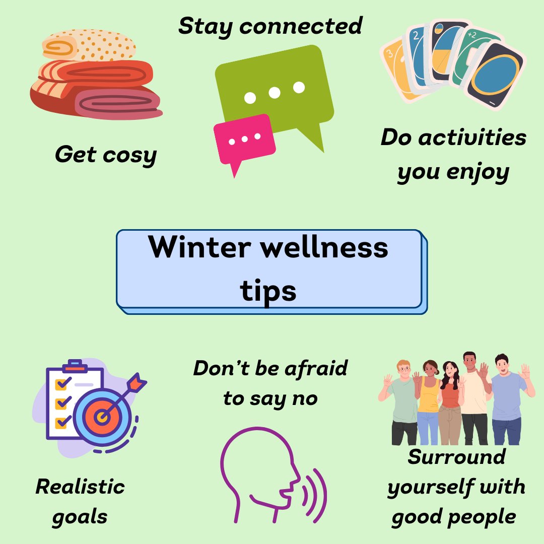 Winter wellness tip: Surround yourself with cozy comforts such as a blanket, spend time with people around you and make time for activities that are important to you. 

#DCCMHSP #Mentalhealth #suicideprevention #winterwellbeing