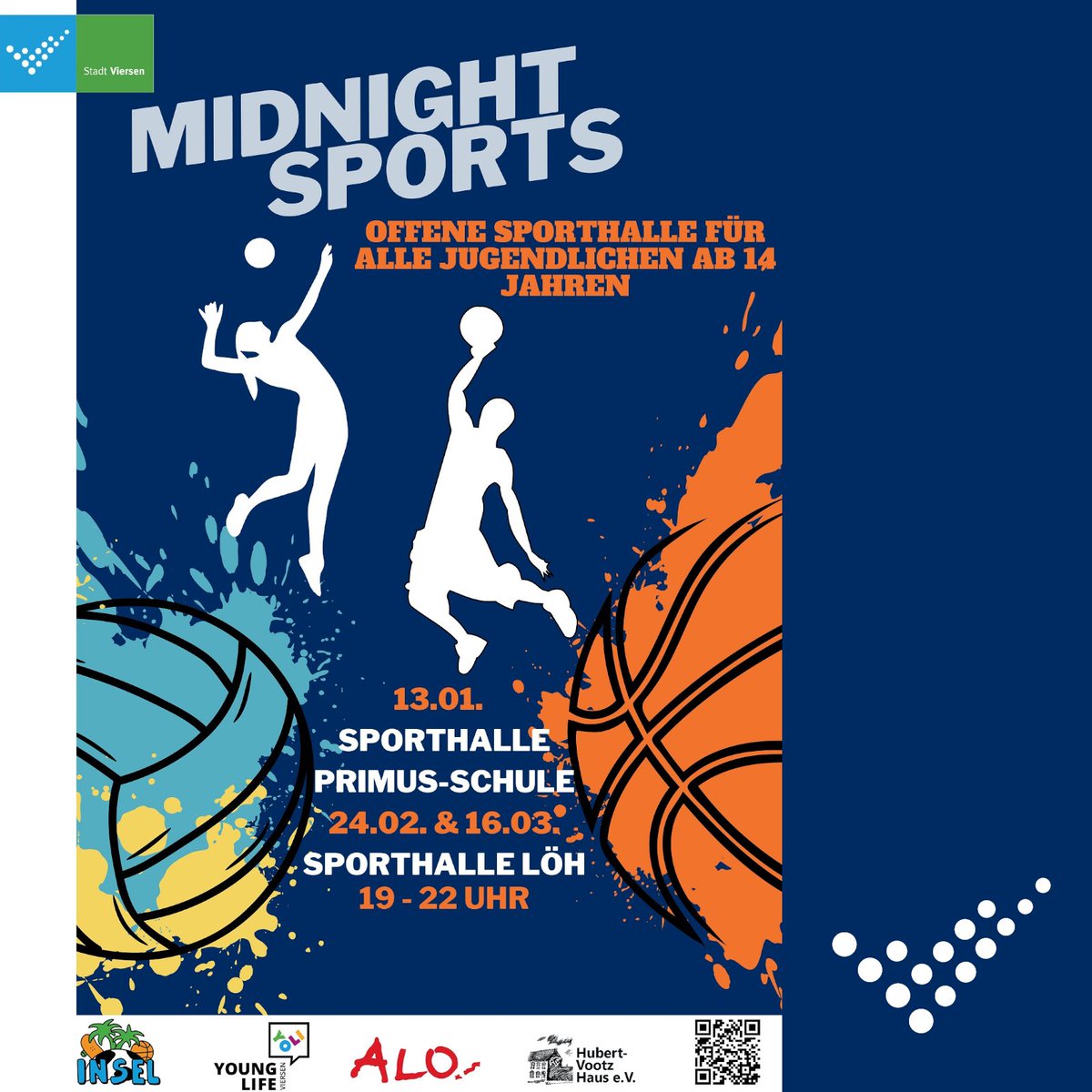 Neue Leute kennenlernen, Spaß haben und aktiv sein - das alles und mehr können Jugendliche ab 14 beim Event „Midnight Sports“ in der Sporthalle der Primus-Schule in Dülken am Samstag, 13. Januar 2024, ab 19 Uhr. viersen.de/de/mitteilung/…