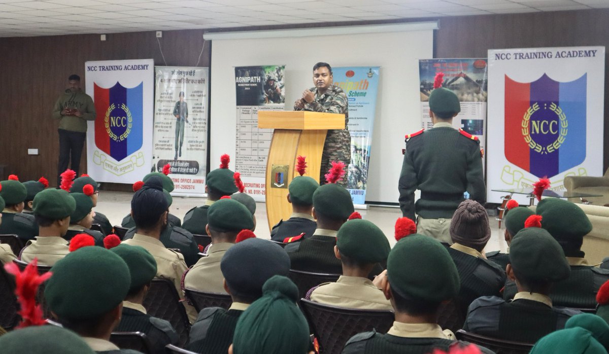 NCCDteJKL's tweet photo. Empowering 540 #NCC Cdts at Training Academy, Nagrota #AROJammu sheds light on varied paths to join the Armed Forces.A comprehensive lecture unveils diverse entries for aspiring officers, fostering a brighter future! @NorthernComd_IA @HQ_DG_NCC @OfficeOfLGJandK @prodefencejammu https://t.co/8Lp5jgLSV3
