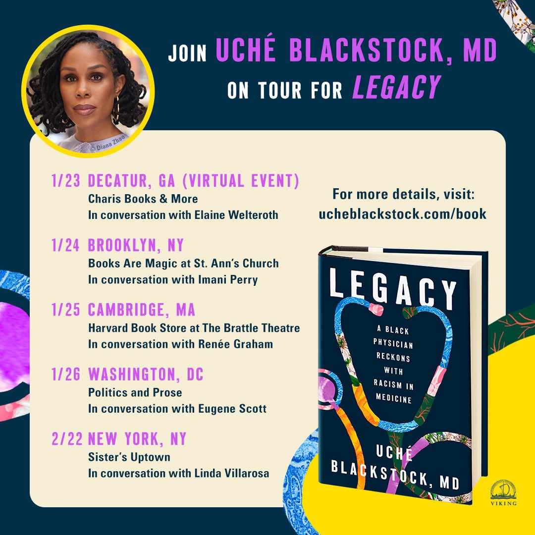 ✨I’m THRILLED to share the tour schedule &amp; my conversation partners for my new memoir LEGACY: A Black Physician Reckons with Racism in Medicine!

✨LEGACY drops this month on Tuesday 1/23! Pre-order here!👉🏿 rb.gy/o7y5f

✨For tour details👉🏿 rb.gy/sutt4n