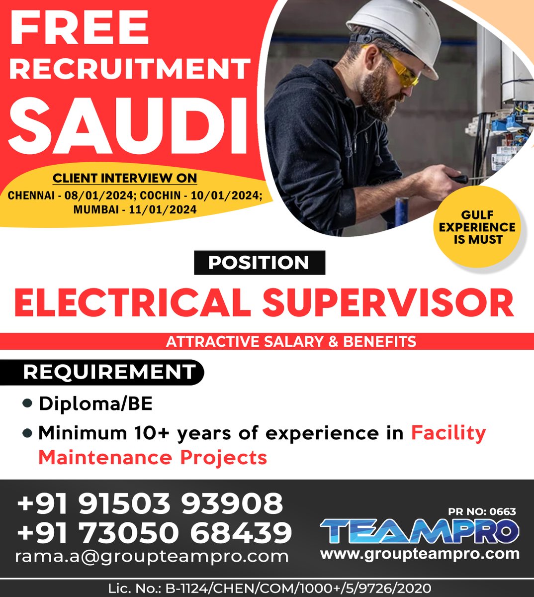 #saudijobs #saudijobseekers #freerecruitment #electricalsupervisor #electrical #engineer #supervisor #gulfexperience #immediatejoiners #shortlistingunderprogress #directinterview