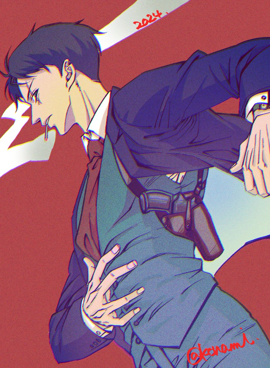1boy male focus solo necktie weapon shirt gun  illustration images