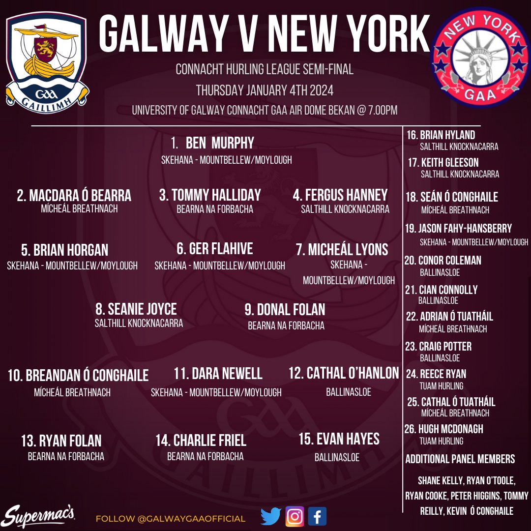 🔈TEAM NEWS
Connacht Hurling League Semi-Final
Galway 🆚 New York 

📍 University of Galway Connacht GAA Air Dome
📅 Thursday
🕰️ 7:00pm
🎟️ Match Tickets
universe.com/events/connach…

Live Streaming📺
page.inplayer.com/connachtgaa/it…

Best of Luck Lads!