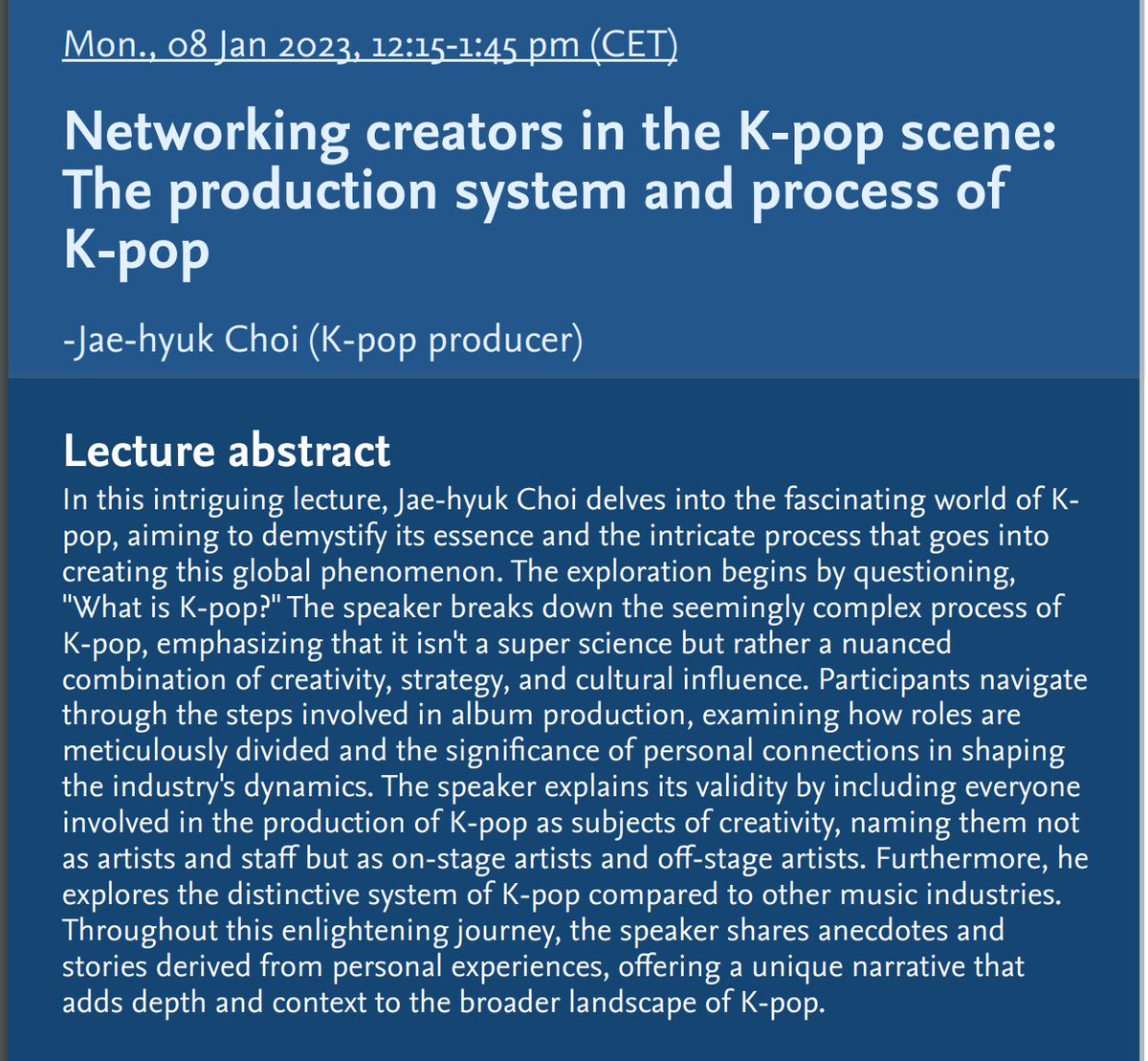 TheKpopProf's tweet photo. 8 Jan 12:15 CET
Mr. #ChoiJaehyuk #최재혁 #KpopProducer #ProductionSystem 
Produced for OH MY GIRL, #EVERGLOW, Choi YENA, and #Tempest 
Register: https://t.co/cGSeZkfJ0K https://t.co/4QfMZXyTee