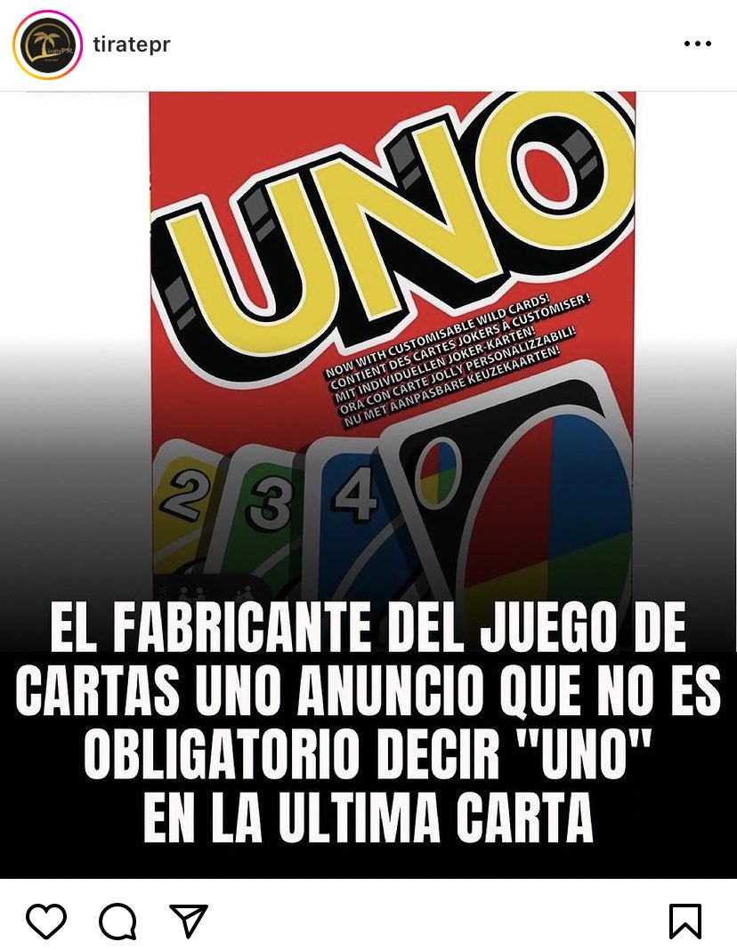 ni el fabricante del juego sabe jugar porque todos sabemos que si el juego se llama uno es porque hay que decir uno y ya y la gente que no lo dice pierde y recibe más cartas así haya que romper familias y amistades no me importa nada