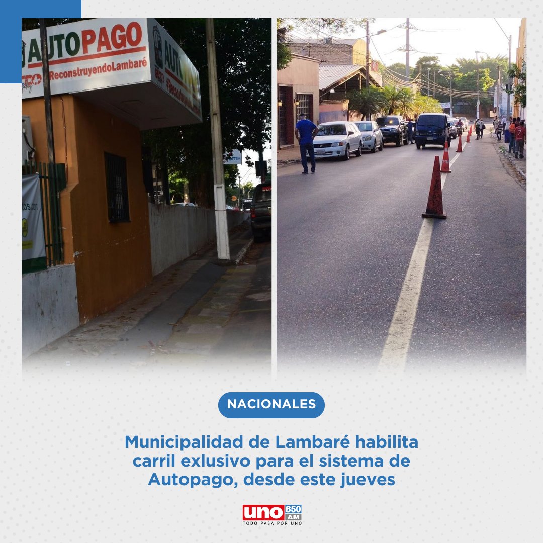 treintamastv's tweet photo. #Autopago 🚘| Con el fin de agilizar los trámites 😁
📍La Municipalidad de Lambaré habilitó desde este jueves, un carril exclusivo sobre la calle Pasaje Mariano Escauriza, para el sistema de autopago.
⏰El horario de atención es de 7:00 a 14:00 horas de lunes a viernes y sábados de 7:00 a 11:00 horas.
#NoticiasUNO | #650AM