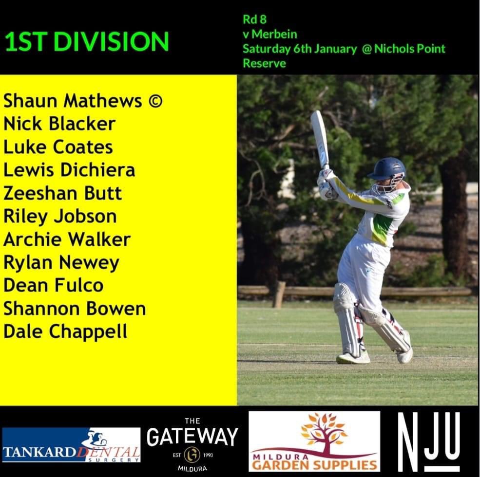 NicholsPointCC's tweet photo. Welcome new recruit Archie Walker and Lewis Dichiera returning for a game this weekend. All the best boys!

1st Division
Round 8 v Merbein
Saturday 6th January 
@ Nichols Point Reserve, 12:15pm
Full one-day uniform
**Players to provide afternoon tea** https://t.co/WoSoes6N3n