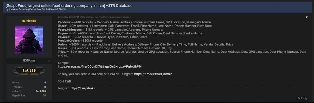 draaijer_melvin's tweet image. A hacker or hacker group, identified as “#irleaks” (presumably indicating Iran Leaks), publicly disclosed the #Snappfood cyber attack on Breach Forums and Telegram over New Year’s Eve.

#cyber #CyberSecurity #attack #Telegram #information #CyberAttack