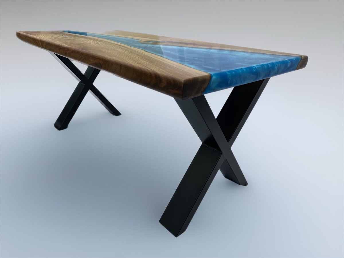 Hand crafted Here At #FGD English Walnut Epoxy River Coffee Table in Olympic Blue metallic  #Epodex Pro + deep pour epoxy with Matt Black Powder Coated Aluminium Legs #rivertable #handcrafted #woodworking