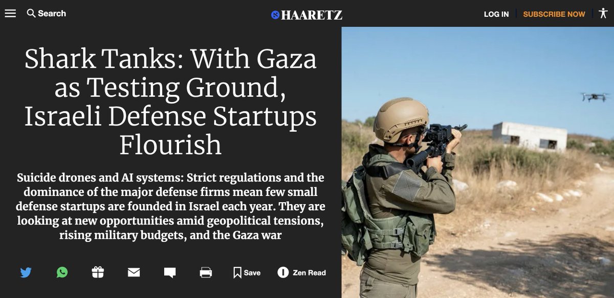 🚨Israel has turned Gaza into an experimentation lab for its weapons' 'startups'; top venture capital funds in the Silicon Valley are pouring money into these companies that are 'field-testing' their dystopian weapons on the Gazan population; profits & sales are soaring!