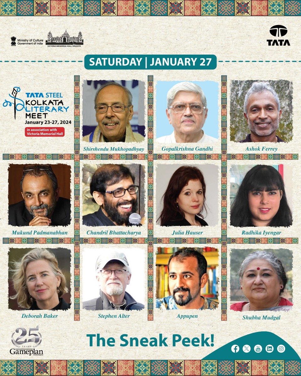 Day Five at Kalam24 presents a stellar lineup of eminent personalities. We're thrilled to welcome back Chandrika Bhattacharya, Shrishendu Mukhopadhyay, and @smudgal. Mark your calendars for January 23-27, 2024, at Victoria Memorial Hall. . #KolkataLiteraryMeet #Kalam24 #TSKLM