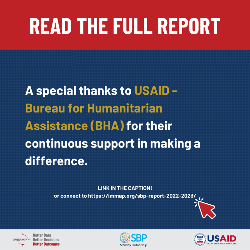 iMMAP_Inc's tweet photo. 🔔 Our 2022-2023 annual Standby Partnership report is out! 

Read our full report here: https://t.co/QvpRyqksbx

@USAIDSavesLives | @FAO | @UNmigration | @UNOCHA | @UNFPA | @UNDP | @UNICEF | @Refugees | @UN_Women | @WHO | @WFP | @UNDSS | @mercycorps |