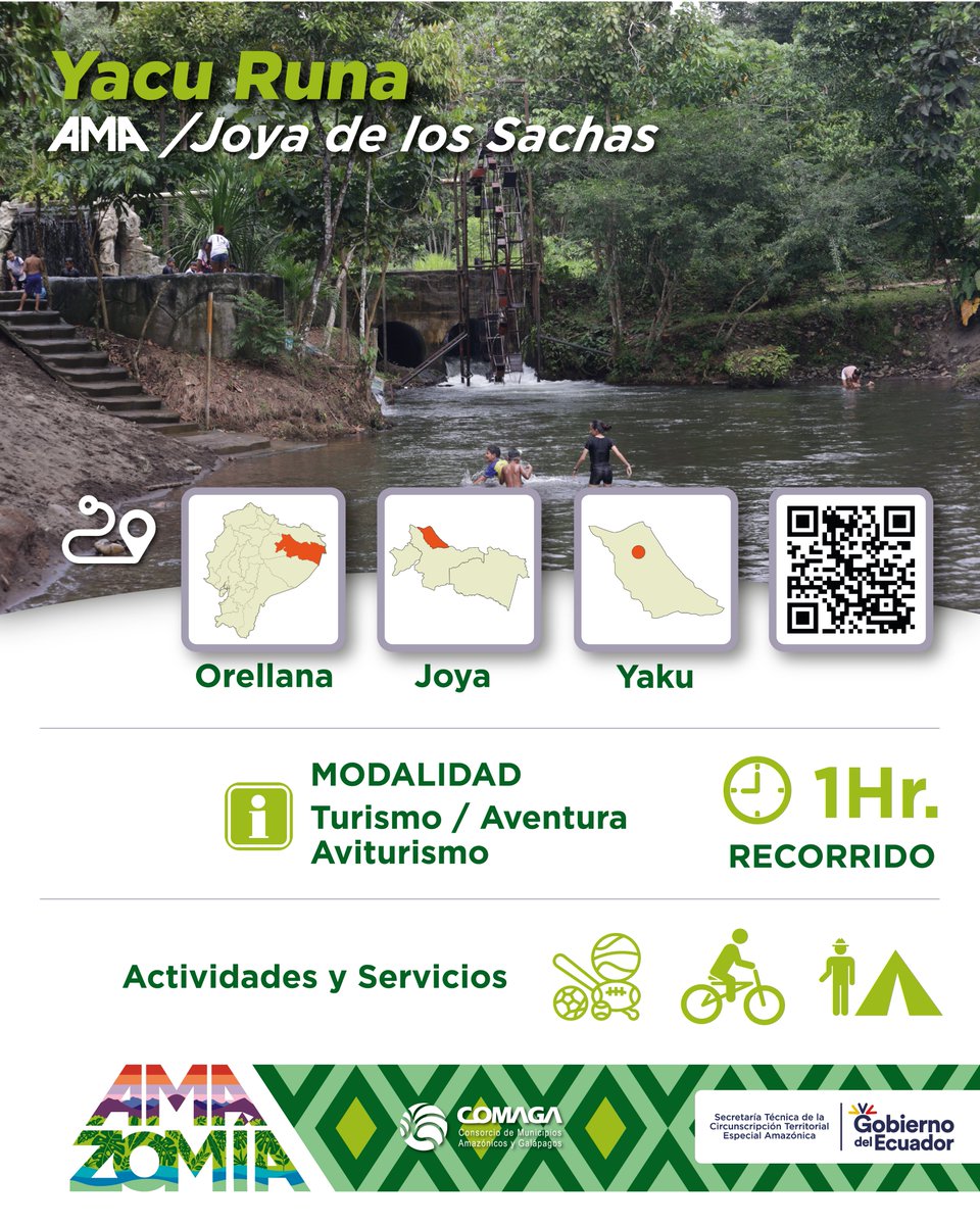 AMA YAKURUNA, donde la naturaleza y el agua danzan en perfecta armonía. Este rincón paradisíaco, cuyo nombre en lengua kichwa significa 'HOMBRE DEL AGUA', te invita a disfrutar de baños en cascadas, refrescarte en piscinas naturales, acampar en bosques nativos, deleitarte con
