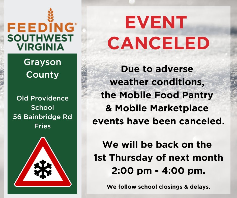 MOBILE PROGRAMS UPDATE - THURSDAY, JANUARY 4th! Due to unforeseen circumstances, the Mobile Marketplace in Wytheville will be canceled and due to inclement weather, the Mobile Marketplace and the Mobile Food Pantry will be canceled in Providence today. See you next month!