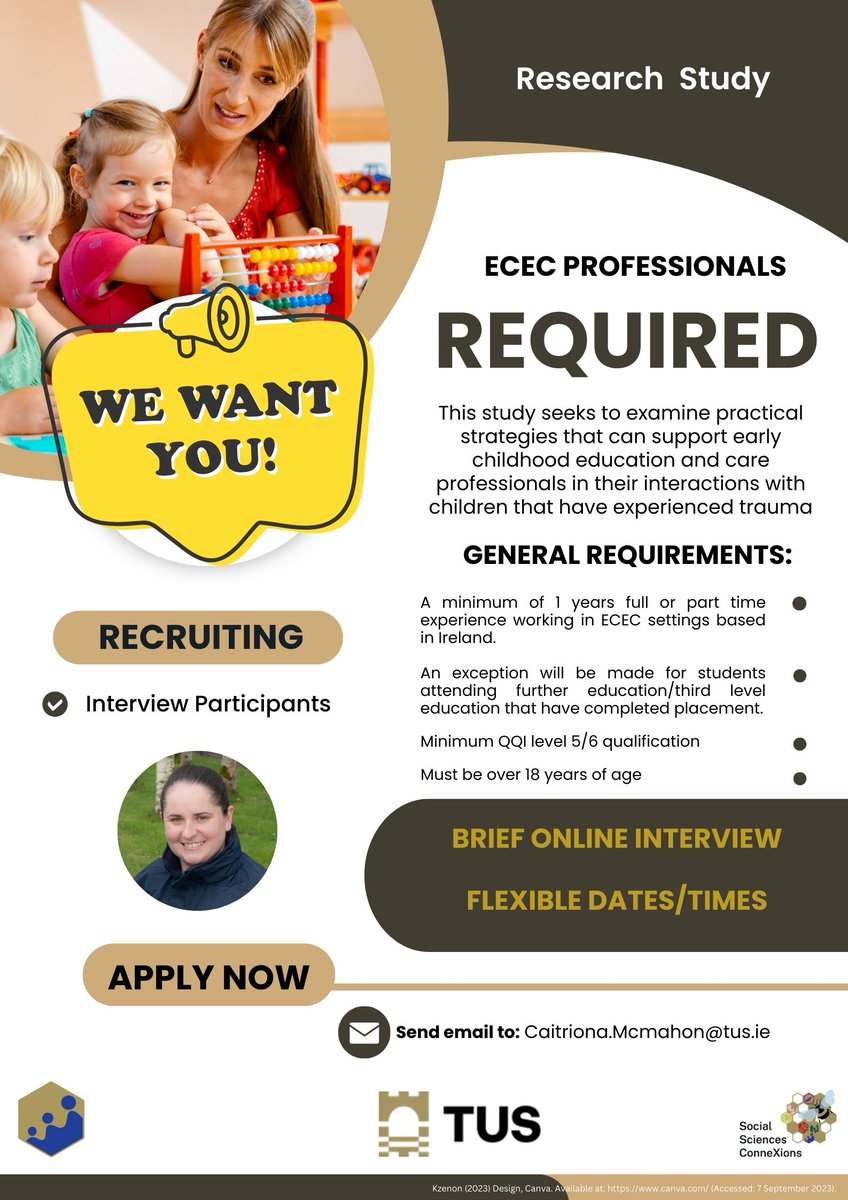 Calling ECEC Professionals!! I am recruiting ECEC professionals as part of my PhD research study for a brief online interview. The study seeks to examine practical strategies that can support ECEC professionals in their interactions with children that have experienced trauma.