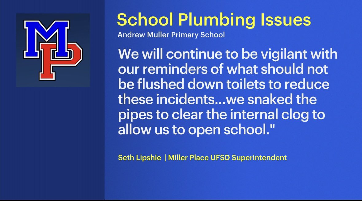 District reports another toilet backup at Andrew Muller Primary School in Miller Place. School is open today, 1/4. The district has scheduled for Saturday a unique process to clear out residual material in the pipes. @News12LI #millerplace #suffolkcounty #longisland