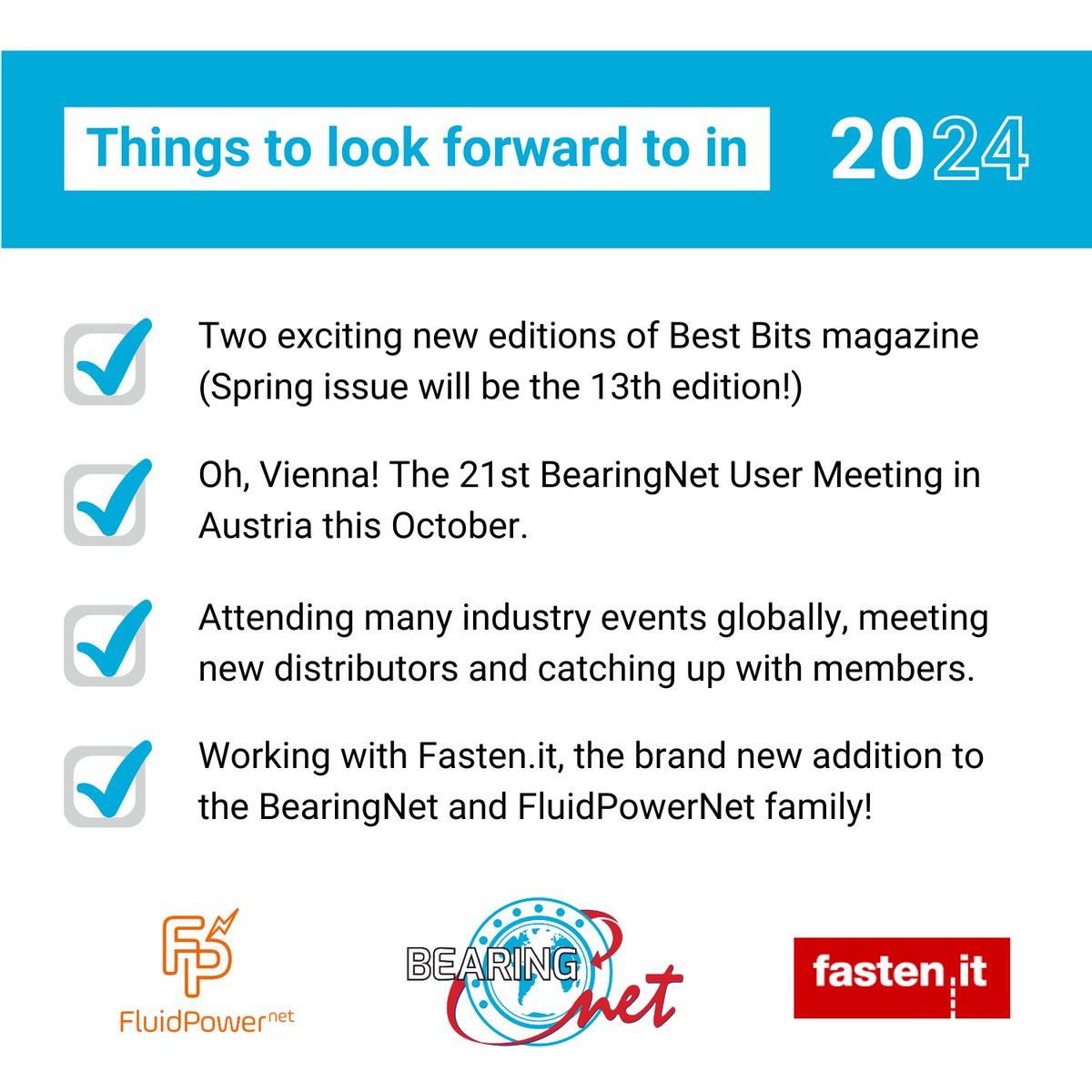 BearingNet's tweet photo. 📢 We have lots of things to look forward to in 2024 at BearingNet! Here are just a few of them...
We can't wait to see what the year brings 🎉
@Fastenit
@FluidPowerNet
#bearingnet #fluidpowernet #fastenit #networking #bearings #powertransmission #fluidpower #fasteners https://t.co/szldoiBqwc