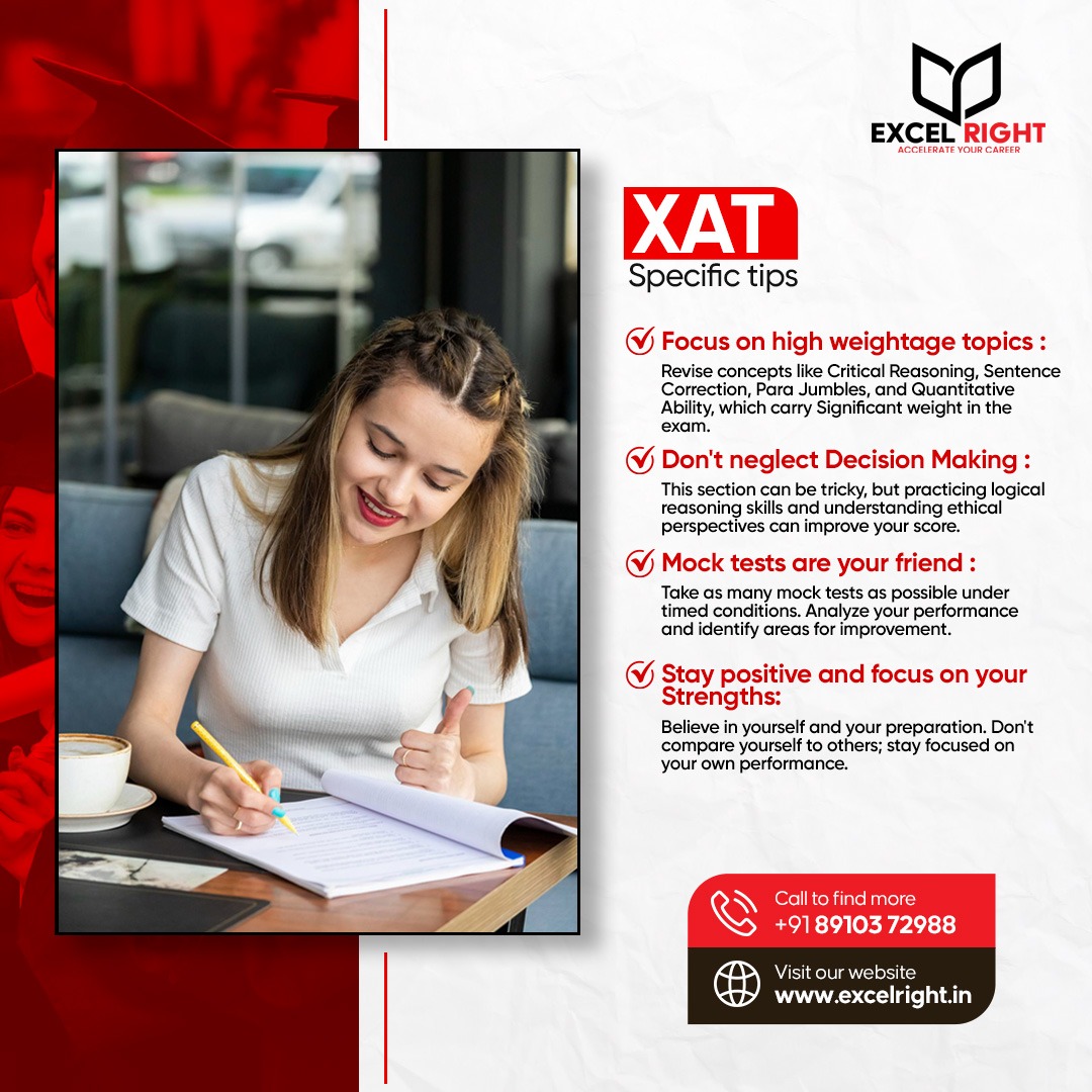 ExcelRight33460's tweet image. Cracking the XAT? Ace it with Excel Right&apos;s Special Tips!  Our expert guidance and proven strategies will help you conquer every section and secure your dream MBA seat. Don&apos;t miss out - register for our XAT course today!
#XAT2024 #ExcelRight #MBAaspirations #ConquerTheXAT