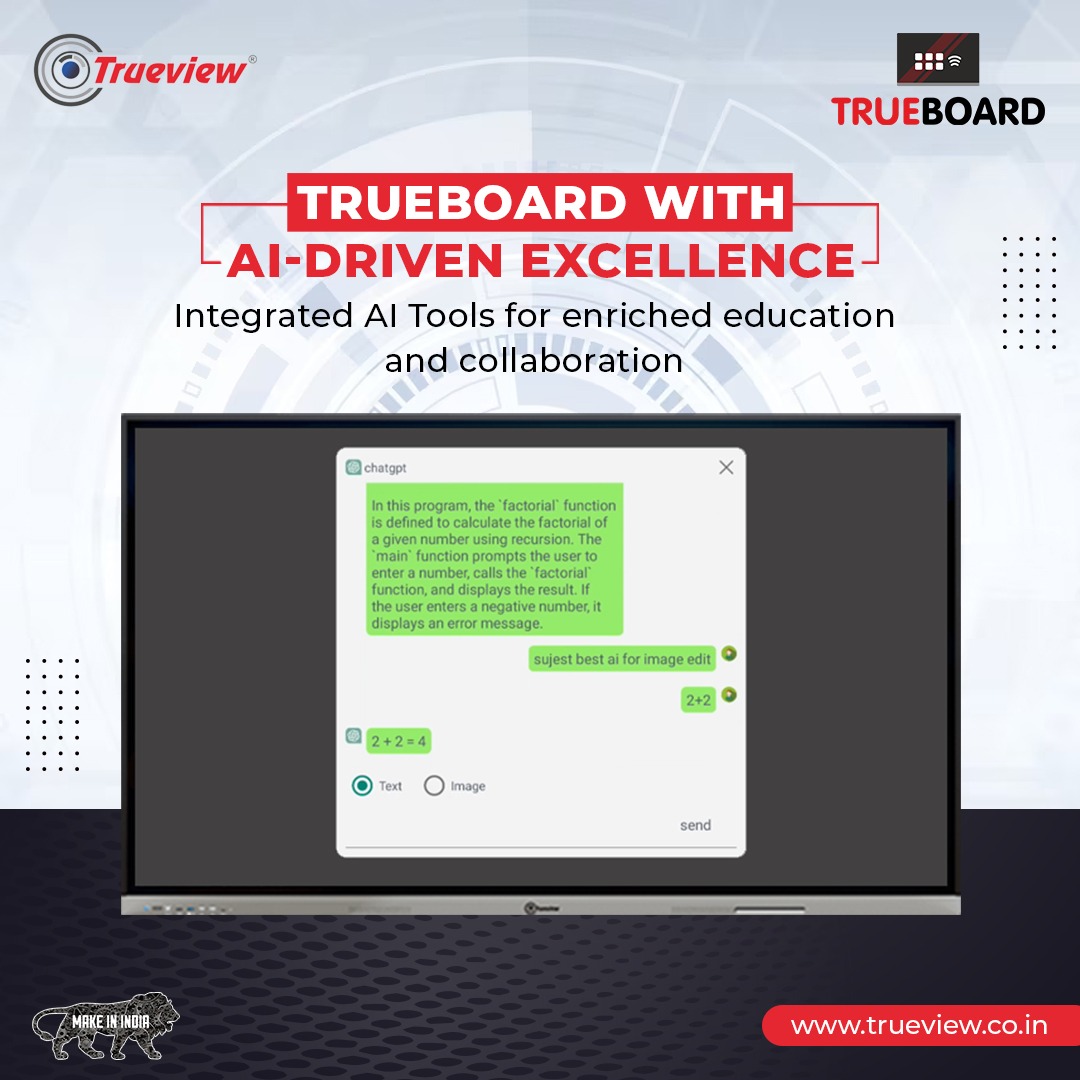 Trueview_India's tweet photo. Experience the power of AI-driven education and collaboration with Trueboard. Our integrated AI tools pave the way for enriched learning experiences and seamless collaboration.
#Trueview #Trueboard #trueviewindia #IFPD #interactiveflatpannel #madeInIndia #StartupIndia https://t.co/qZXfPdivLT