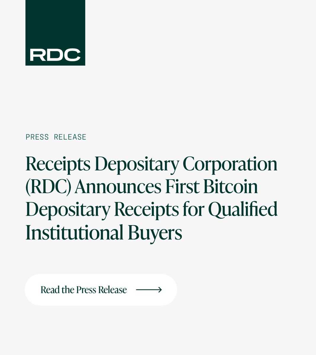 ReceiptsDepo's tweet photo. Today, we're proud to officially introduce RDC, the first depositary that’s making it as easy for qualified institutional buyers to own digital assets as traditional securities. Read our press release on our initial offering, the first-ever Bitcoin DR: https://t.co/CpmkzfAvEu https://t.co/mGV6VreXNm