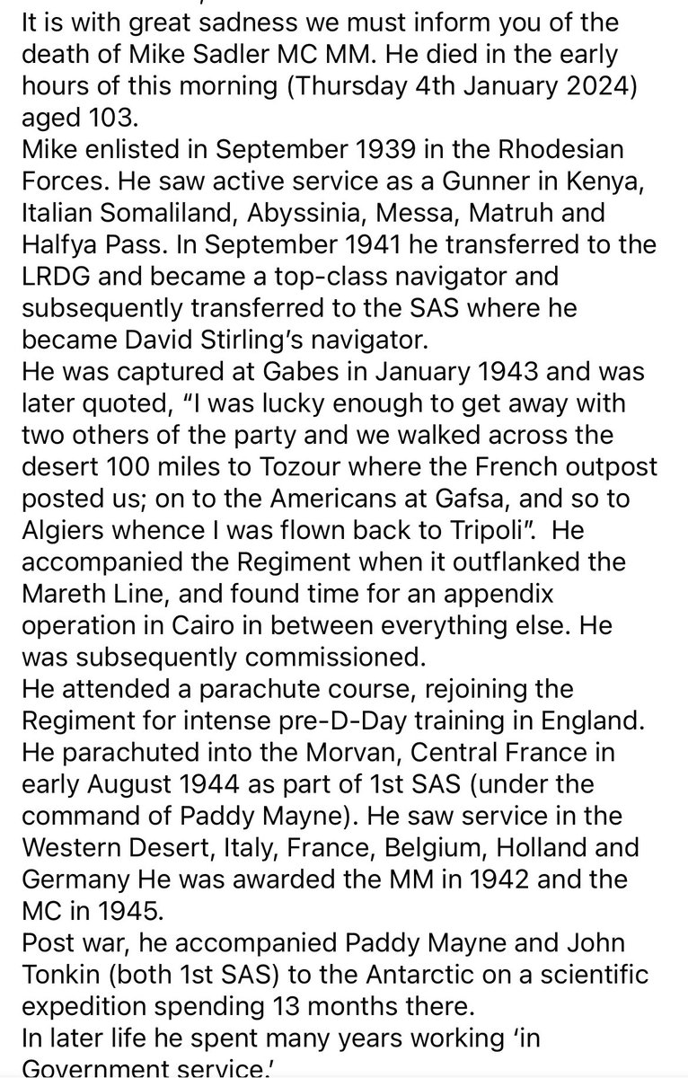 Sad news that Mike Sadler MC MM died this morning. The last of the founder members of the war time S.A.S