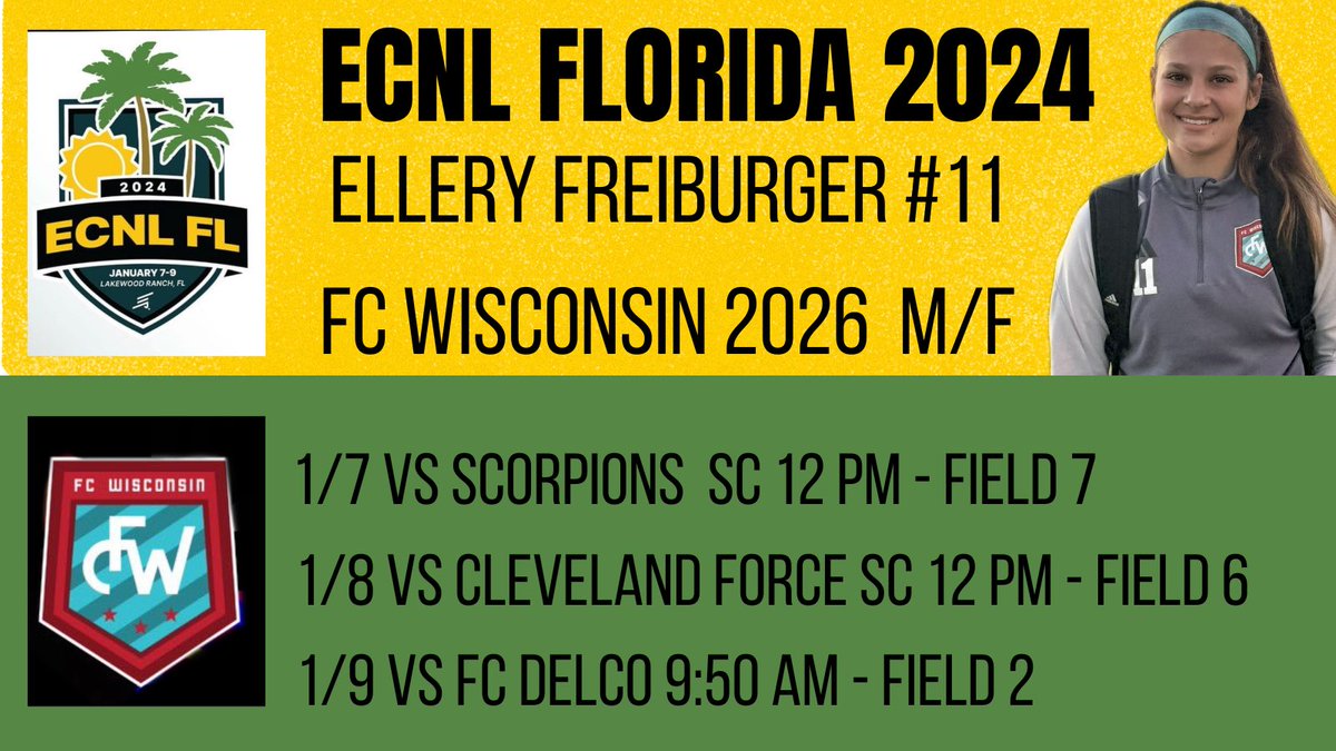 ElleryFry08's tweet photo. Excited for the ECNL Florida Showcase this weekend.  Come out and see  FC Wisconsin 08 play. @FCW_ECNL @ECNLgirls @ImYouthSoccer @ImCollegeSoccer @SoccerMomInt @PrepSoccer https://t.co/S3UcoAqPVn