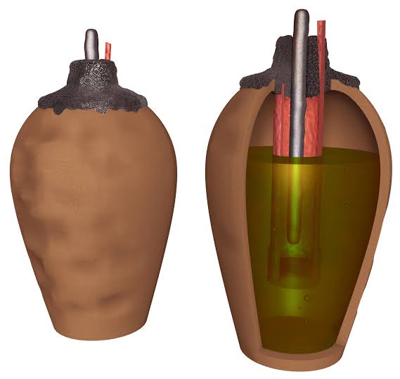 Baghdad Battery or Persian (Parthian) Battery (250 BC - 225 AD), a set of three artefacts which were found together: a ceramic pot, a tube of copper, and a rod of iron. The composed of a clay jar with a stopper made of asphalt. Sticking through the asphalt is an iron rod