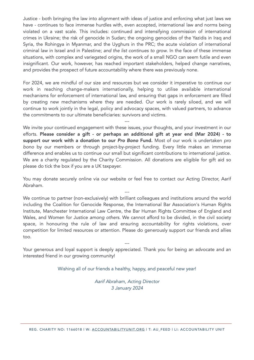 As 2023 has come to a close, our Annual Letter from our Acting Director has been published. The letter is available to download here: accountabilityunit.org/s/AU-Annual-Le… Wishing all our friends and supporters a very happy, healthy and peaceful New Year!