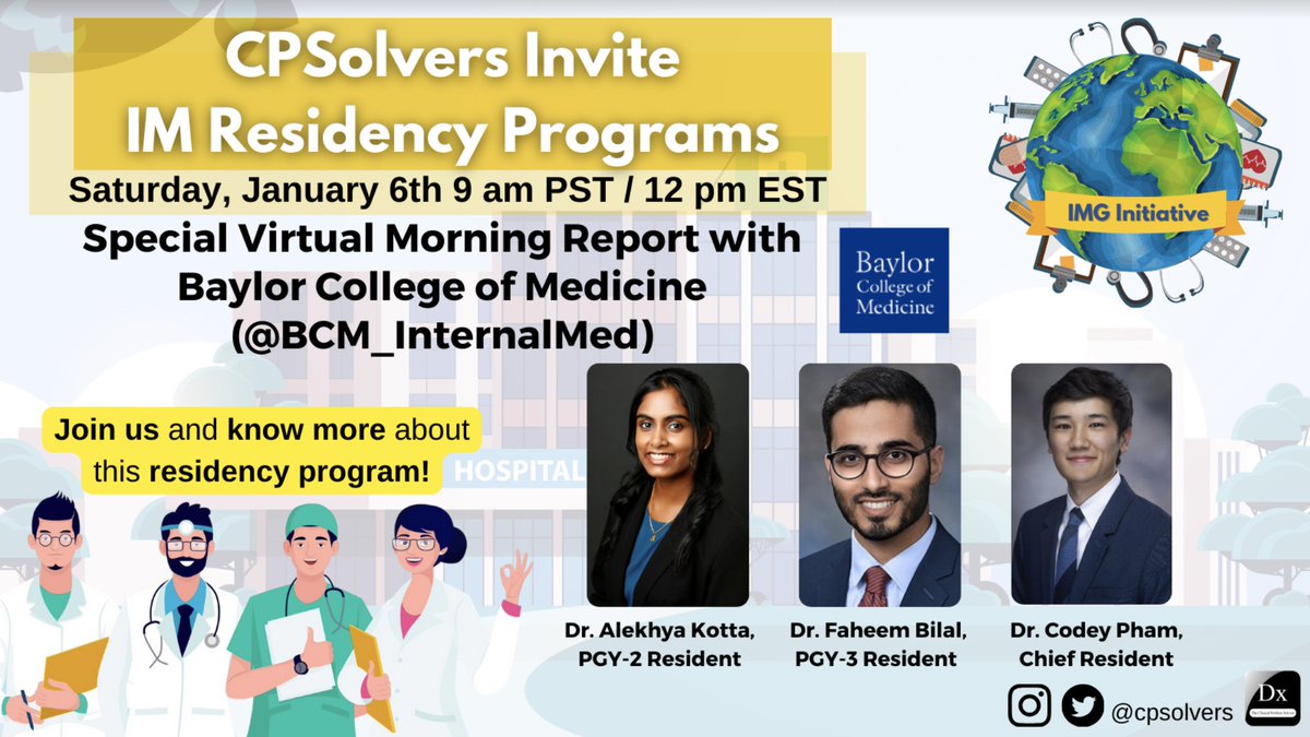 The Clinical Problem Solvers (@cpsolvers) on Twitter photo #MedTwitter We're excited for our morning report with the Baylor Internal Medicine residency program on Saturday, January 6 at 9am PST/12pm EST!
Join us for a fun case and to learn more about the <a href="/BCM_InternalMed/">BCM IM Residency</a> residency program! bit.ly/31LWIKg #MedTwitter We're excited for our morning report with the Baylor Internal Medicine residency program on Saturday, January 6 at 9am PST/12pm EST!
Join us for a fun case and to learn more about the <a href="/BCM_InternalMed/">BCM IM Residency</a> residency program! bit.ly/31LWIKg
