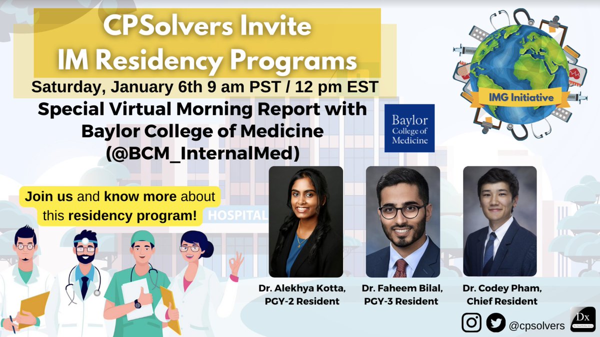 #MedTwitter We're excited for our morning report with the Baylor Internal Medicine residency program on Saturday, January 6 at 9am PST/12pm EST! Join us for a fun case and to learn more about the @BCM_InternalMed residency program! bit.ly/31LWIKg