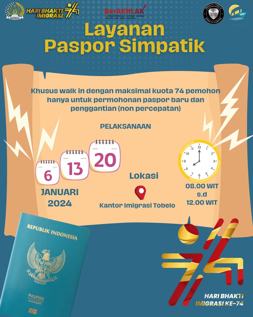 ImigrasiTobelo's tweet photo. Mau bikin paspor ga ada waktu ? Atau ga bisa ninggalin kerjaan kalian ? Tenang, Kantor Imigrasi Tobelo bakalan ngadain pelayanan paspor simpatik di akhir pekan, catat tanggalnya ya Sahabat Karibo biar kalian ga ketinggalan 😉 https://t.co/EJGyYVjwkc