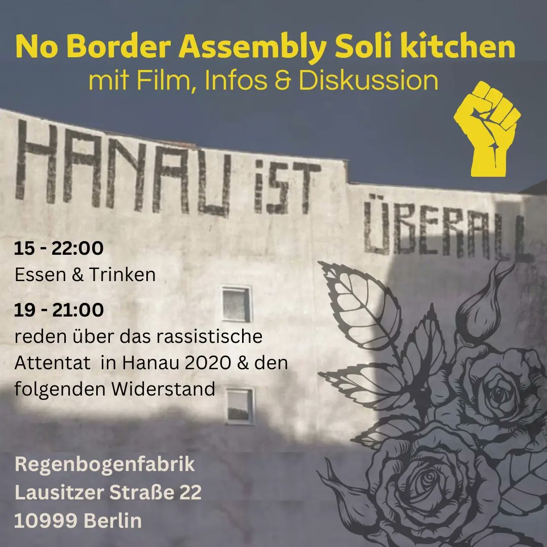 On the 19th february it will be four years since the racist assassination of 9 people in Hanau. Tomorrow at our Küfa we will watch a movie about what happened and learn from @BEMigrantifa how people organize together! So join us & get your brain and stomach full 🎬 ✊️ 🍽️