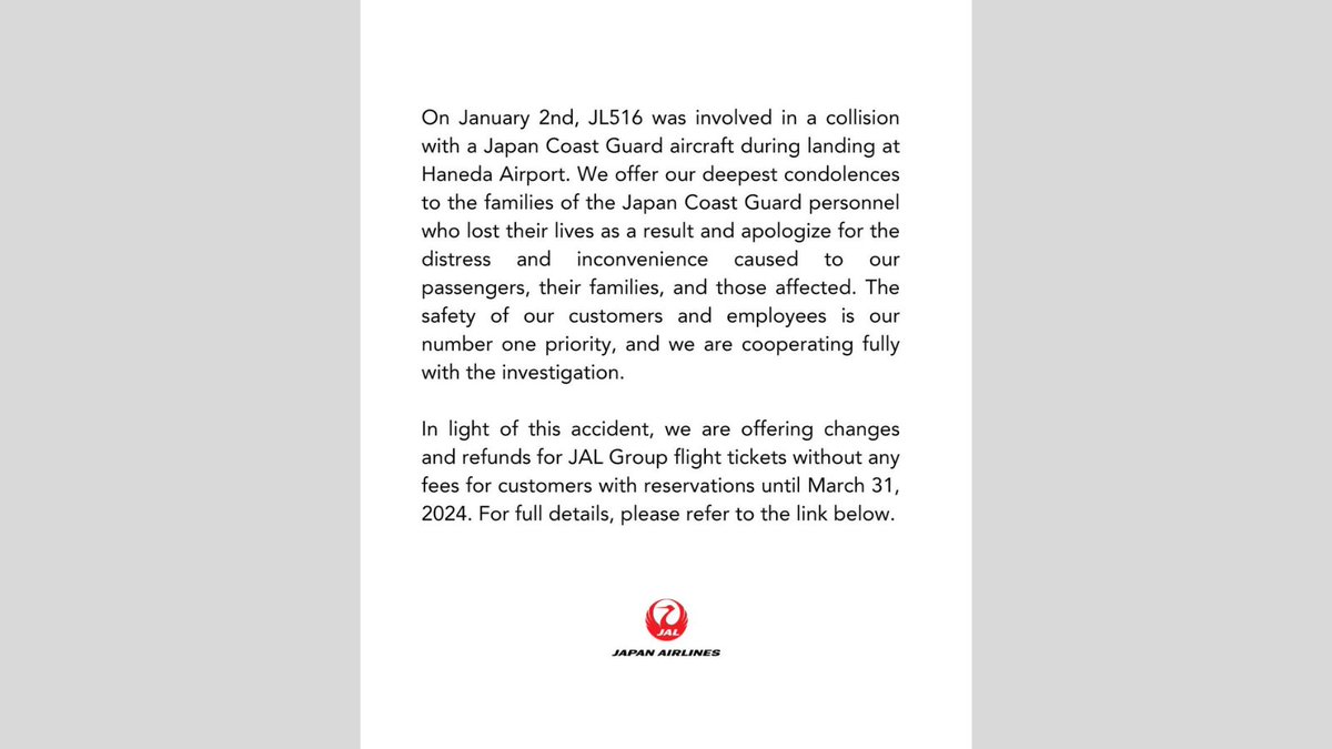 Japan Airlines is going to be the subject of many case studies. Their speed, crisis communication and overall stance since Tuesday's crash at Tokyo Haneda Airport have been exceptional. This ↓ is a short message they published on the morning after the crash. 🇯🇵 🚨 ✈️