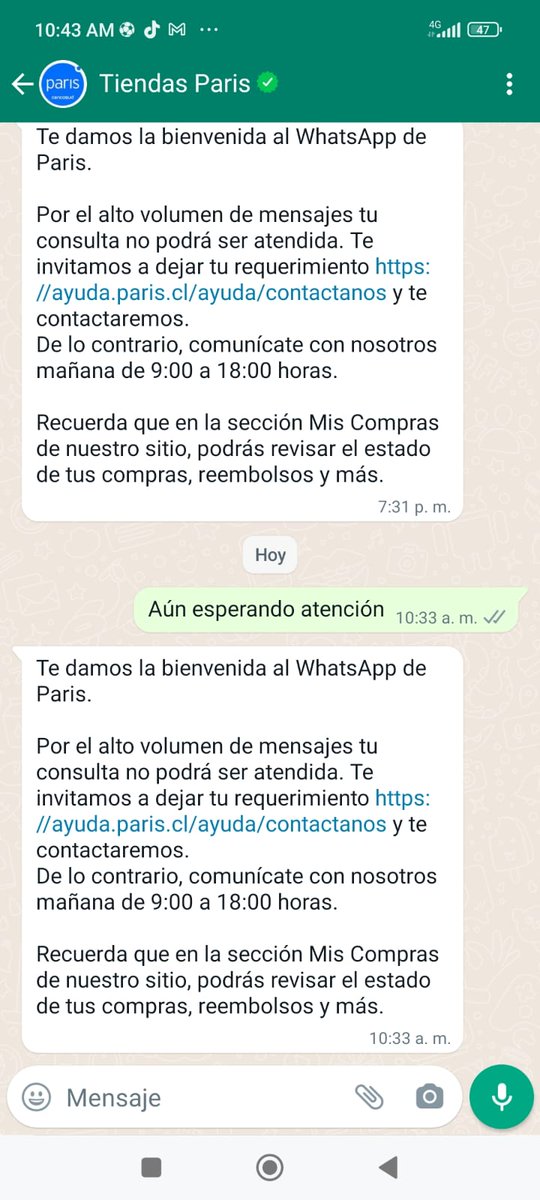 LChorrillana's tweet photo. @tiendas_paris cuando van a mejorar su atención post-Venta ?  estoy hace 4 dias tratando de hablar con su famoso whatsapp y no resuelven nada... @SERNAC @biobio @Emol @meconomia https://t.co/yh2EbumybZ