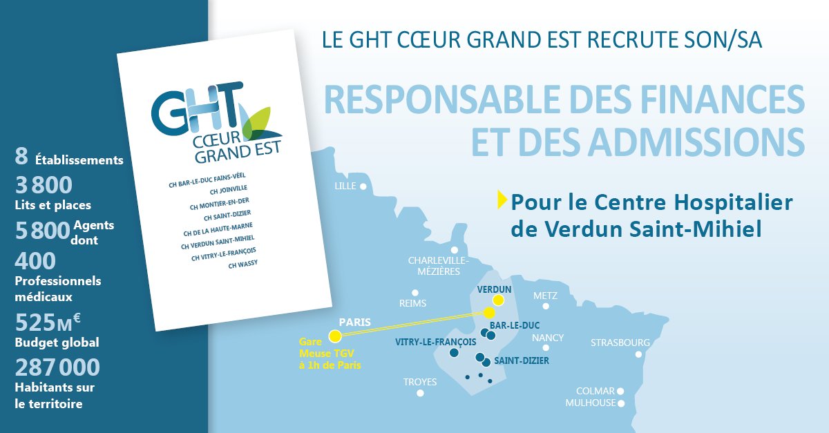 GHT_Coeur_G_Est's tweet photo. 📢#Recrutement
Le  GHT Cœur Grand Est recherche le/la futur(e) : 𝗥𝗲𝘀𝗽𝗼𝗻𝘀𝗮𝗯𝗹𝗲  𝗱𝗲𝘀 𝗙𝗶𝗻𝗮𝗻𝗰𝗲𝘀 𝗲𝘁 𝗱𝗲𝘀 𝗔𝗱𝗺𝗶𝘀𝘀𝗶𝗼𝗻𝘀 du Centre  Hospitalier de Verdun Saint-Mihiel !
Rejoignez-nous ! 👋
ℹ️https://t.co/z2NXcMfgPI https://t.co/hlL9cIrZ50