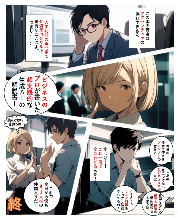 Kfir2000's tweet photo. 生成AI（Comicai）で『生成AI時代の超仕事術』の紹介漫画を作成。可能性は大きいけどまだ課題のあるサービス。時間もストレスかかる。とりま縦書きのセリフに対応してほしい。まさかの横書きオンリーだったのでパワポでセリフを入れるという荒業炸裂。疲れた
　(～´Д｀)～ https://t.co/XqA7ZqM1cK