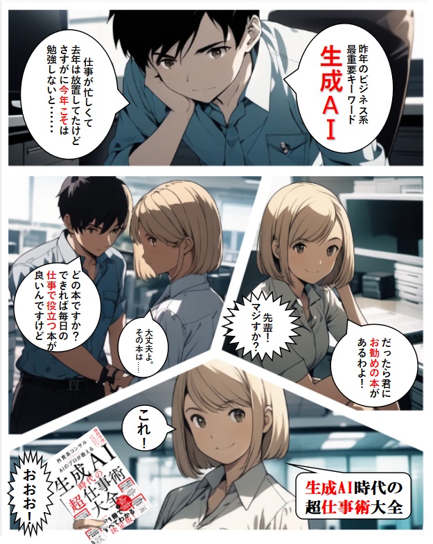 Kfir2000's tweet photo. 生成AI（Comicai）で『生成AI時代の超仕事術』の紹介漫画を作成。可能性は大きいけどまだ課題のあるサービス。時間もストレスかかる。とりま縦書きのセリフに対応してほしい。まさかの横書きオンリーだったのでパワポでセリフを入れるという荒業炸裂。疲れた
　(～´Д｀)～ https://t.co/XqA7ZqM1cK